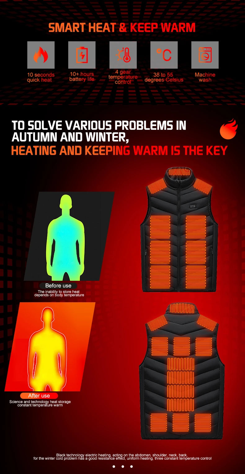 TODWARM Heated Vest 21 Areas Men Jacket Heated Winter Womens Heater Jacket Thermal Vest Body Warmer Outdoor sports Coat 6XL