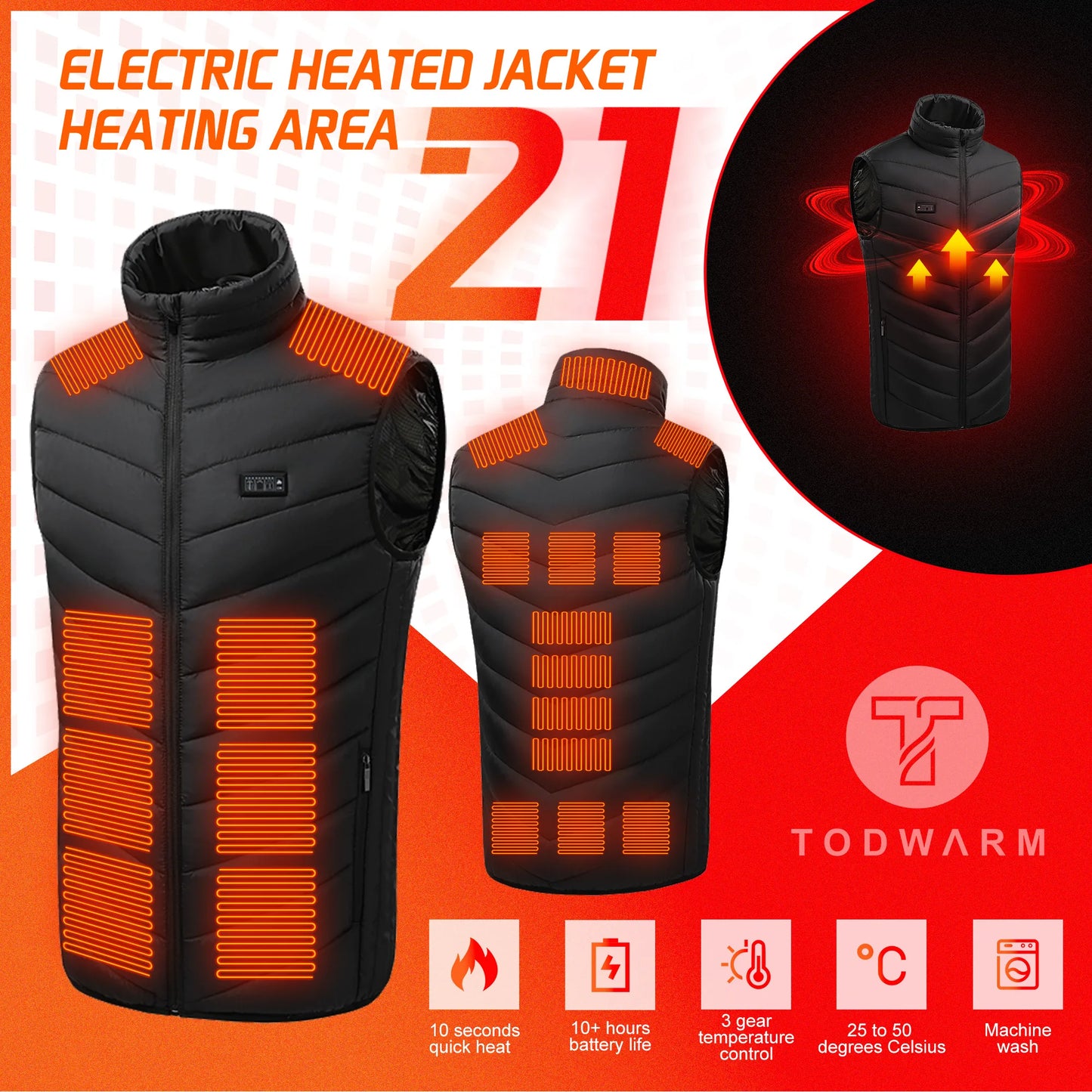 TODWARM Heated Vest 21 Areas Men Jacket Heated Winter Womens Heater Jacket Thermal Vest Body Warmer Outdoor sports Coat 6XL