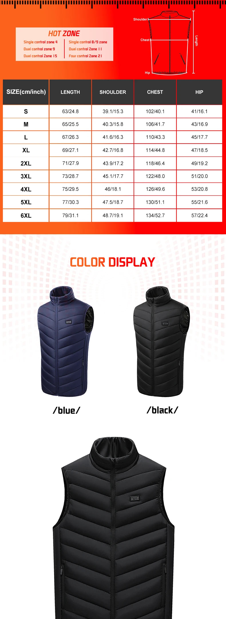 TODWARM Heated Vest 21 Areas Men Jacket Heated Winter Womens Heater Jacket Thermal Vest Body Warmer Outdoor sports Coat 6XL